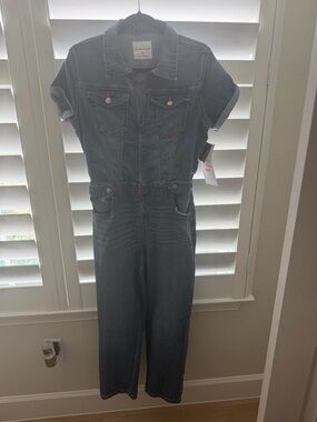 Celebrity Pink Dark Blue Denim Short-Sleeve Jumpsuit